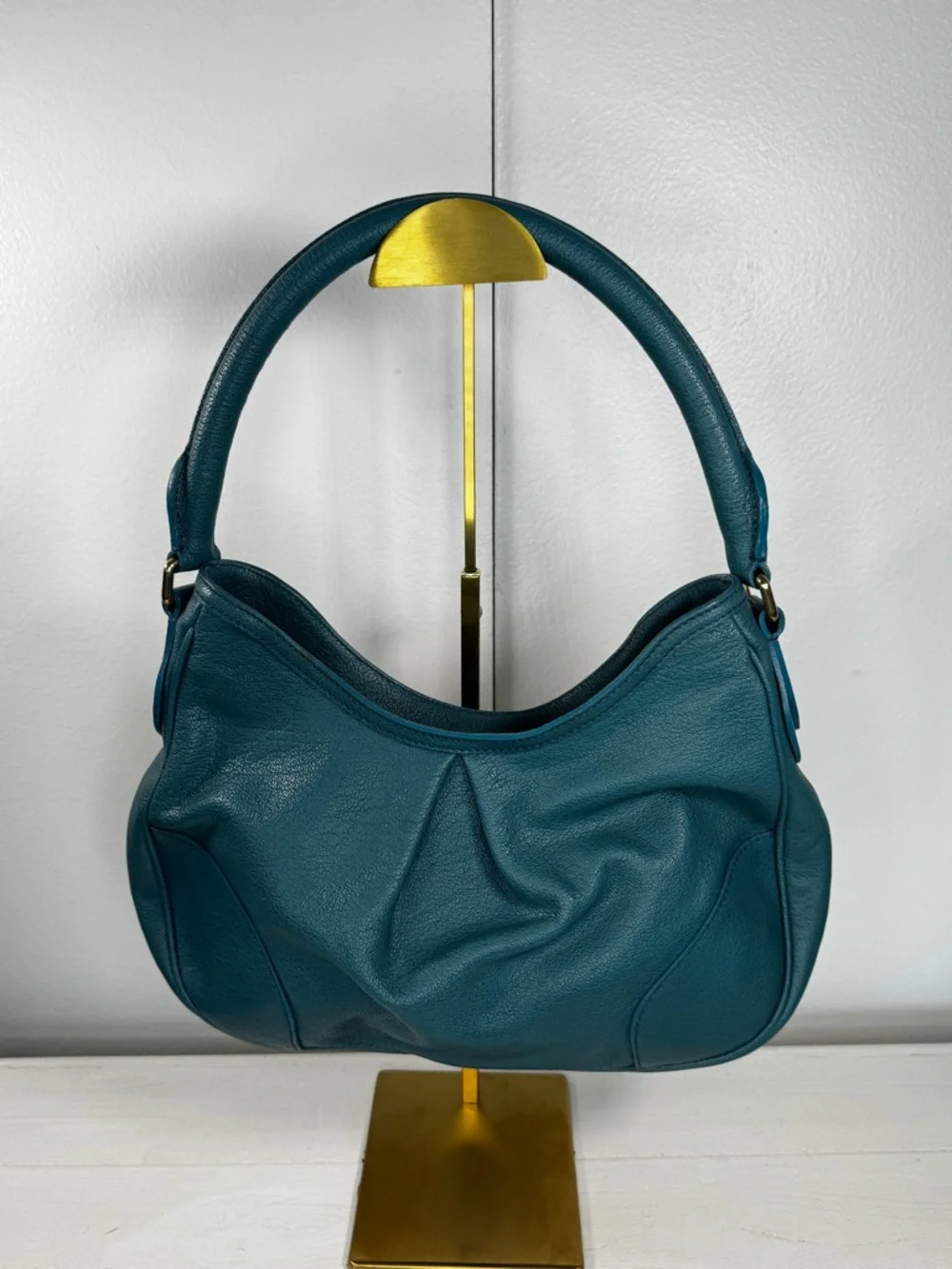 Burberry Pebbled Leather Shoulder Bag Teal Gold Hardware Quiet Luxury Hobo - Picture 4 of 14